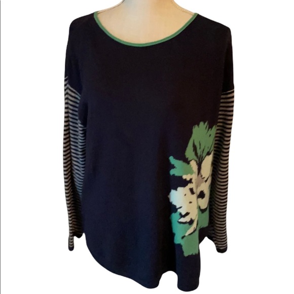 J.Jill Navy Blue Scoop Neck Long Sleeve Sweater with Green & White Flower Size L - Picture 2 of 6